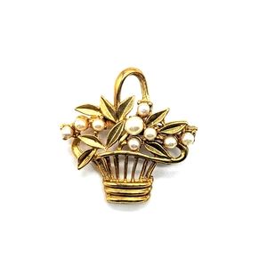 Vintage Flower Basket Faux Pearls Pin Brooch